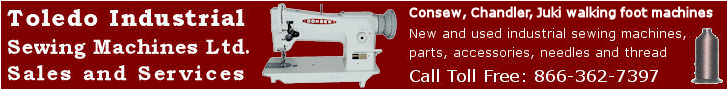 Toledo Industrial Sewing Machines, Ltd. Sales, Service, Parts, Accessories, Needles, Thread. Licensed Consew, Cowboy, Chandler and Juki dealer. Call Toll Free: 866-362-7397